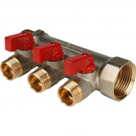 SMB 6200 011203 STOUT Коллектор с шаровыми кранами 1", 3 отвода 1/2" (красные ручки)